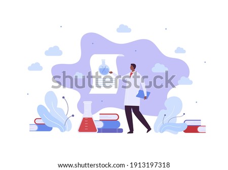 Genetic research and medical study concept. Vector flat character illustration. Dna helix biotechnology symbol. Male african american doctor make report. Laboratory equiplment, book and lab tube.