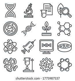 Genetic Research and Science Icons Set on White Background. Line Style Vector