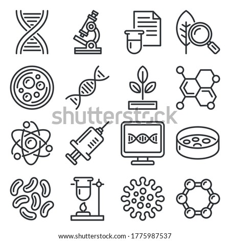 Genetic Research and Science Icons Set on White Background. Line Style Vector