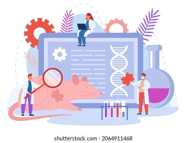 Genetic research of tiny scientists on laboratory animals. People testing new technology on dna of lab mouse flat vector illustration. Genetic engineering, science, medical experiment concept