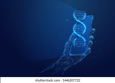 Genetic science, biotechnology low poly wireframe illustration. 3D hand holding smartphone with DNA molecule on screen with connected dots. Polygonal online scientific laboratory mesh art