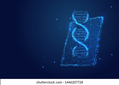 Genetic science, biotechnology low poly wireframe illustration. 3D PC tablet with DNA molecule on screen with connected dots. Polygonal online scientific laboratory mesh art