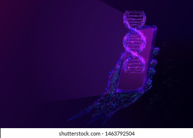 Genetic science, biotechnology low poly wireframe illustration. 3D hand holding smartphone with DNA molecule on screen with connected dots. Purple polygonal online scientific laboratory mesh art