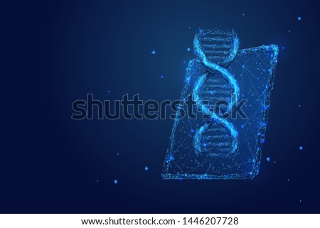 Genetic science, biotechnology low poly wireframe illustration. 3D PC tablet with DNA molecule on screen with connected dots. Polygonal online scientific laboratory mesh art