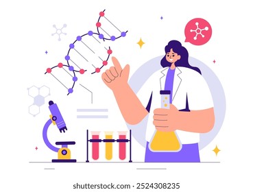 Ilustração do vetor do conceito da ciência genética apresentando uma estrutura da molécula do DNA e engenharia da tecnologia da ciência na saúde com um fundo