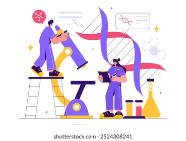 Ilustração do vetor do conceito da ciência genética apresentando uma estrutura da molécula do DNA e engenharia da tecnologia da ciência na saúde com um fundo