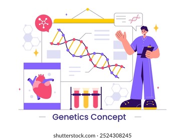 Ilustração do vetor do conceito da ciência genética apresentando uma estrutura da molécula do DNA e engenharia da tecnologia da ciência na saúde com um fundo