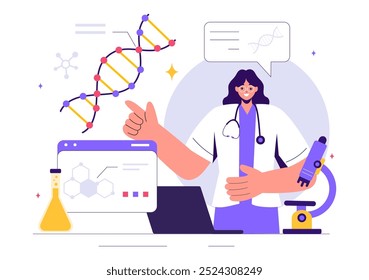Ilustración vectorial del concepto de Ciencia genética que presenta una estructura de molécula de ADN e ingeniería de Tecnología de Ciencia en atención médica con antecedentes