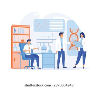 Genetic science. DNA molecule laboratory research, gene structure information.  flat vector modern illustration 