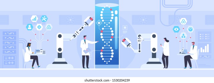 Genetic science flat vector illustration. Male and female scientists doing human genome research cartoon characters. Biotechnology, medicine innovation concept. DNA helix testing. Bioengineering