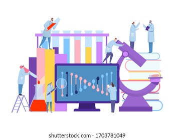 Genetic science laboratory concept, nucleotide research vector illustration. Doctors man and woman conduct experiments with chemical fluids. Dna part on large computer screen, and powerful microscope.