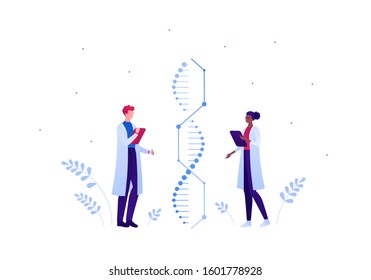 Genetic science and medicine concept. Vector flat medical person illustration. Doctor and scientist people team of man and woman with gene dna helix sign. Design element for scientific banner, poster.