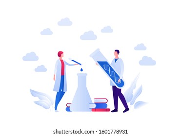 Genetic science and medicine concept. Vector flat medical person illustration. Doctor and scientist with gene dna helix sign on laboratory tube and book. Design element for scientific banner, poster.