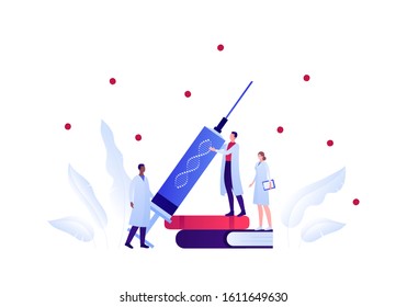 Genetic science and medicine concept. Vector flat medical person illustration. Doctor and scientist team with dna sign syringe standing on book. Design element for scientific banner, poster.