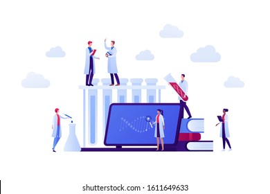 Genetic science and medicine concept. Vector flat medical person illustration. Scientist male and female team study dna sign on laptop screen. Book and tube symbol. Design element for banner, poster.