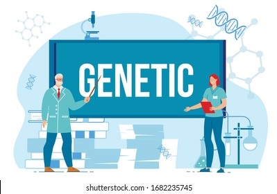 Genetic Science Research Laboratory Presentation. Senior Professor and Young Woman Worker. Interactive Chalkboard with Lettering, Paper Document Pile and Book Stack Design. Vector Illustration
