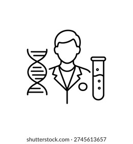 Genetic scientist profession black and white vector icon with DNA helix and laboratory test tube scientist profession illustration