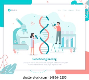 Genetic scientists edit DNA. Genetic engineering concept. Landing page template. Flat vector illustration.