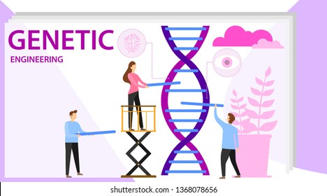 Genetic scientists edit DNA. Group of scientists or researchers wearing white coats analyzing DNA molecule in science lab. Men and woman scientis, laboratory technician. Biotechnology icons concept.