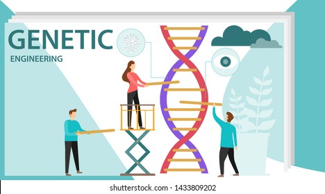 Genetic scientists edit DNA. Group of scientists or researchers wearing white coats analyzing DNA molecule in science lab. Men and woman scientis, laboratory technician. Biotechnology icons concept.