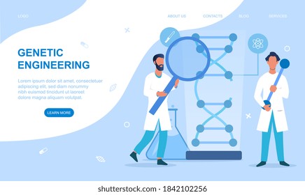 Genetic scientists editing DNA. Concept of genetic engineering. Flat cartoon vector illustration isolated on white background. Website webpage or landing page template