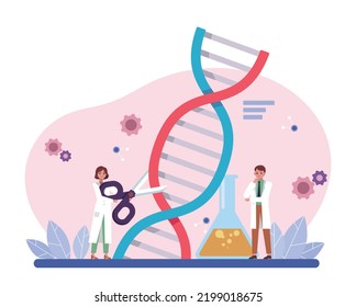 Ilustración del concepto de tijeras genéticas. CRISPR Cas9. Científicos dirigiendo la herramienta de tijeras genéticas sobre el patrón de ADN. Arte vectorial de fondo para sitio web.