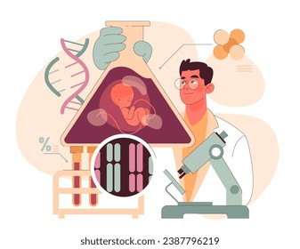 Genetic Screening concept. A scientist observes a fetus within a triangular flask, connecting the mysteries of DNA and genetic research. Exploring inherited traits. Flat vector illustration.