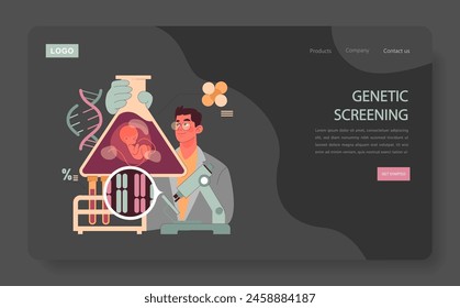 Concepto de detección genética. Un científico observa un feto dentro de un matraz triangular, conectando los misterios del ADN y la investigación genética. Explorando rasgos heredados. Ilustración vectorial plana.