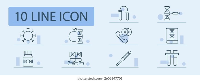 Genetic set icon. DNA, test tube, apple, health, molecule, vaccine, report, bottle, virus, structure, hierarchy, biology, injection, chromosome, genetics, research, lab, experiment, phone