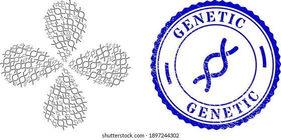 Genetic spiral curl flower with four petals, and blue round GENETIC grunge stamp imitation with icon inside. Element flower designed from oriented genetic spiral symbols.