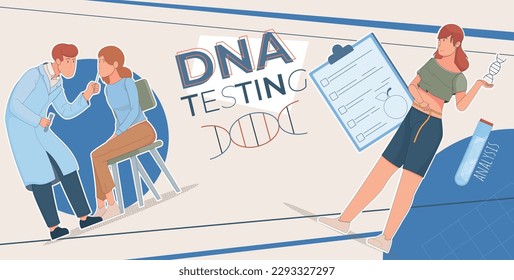 Genetic test people composition with collage of flat dna icons with human characters and editable text vector illustration