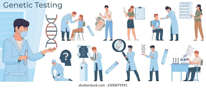 Genetic test people flat set of isolated compositions with characters of scientists dna icons and patients vector illustration