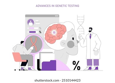 Genetic Testing Advances concept. Scientists research DNA for medical breakthroughs in a modern lab setting. Analysis, discovery, and healthcare progress. Vector illustration.