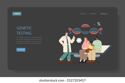 Konzept der Gentests. Ein Wissenschaftler erklärt einer Familie die DNA-Analyse und veranschaulicht den Informationsaustausch im Gesundheitswesen. Vektorgrafik.