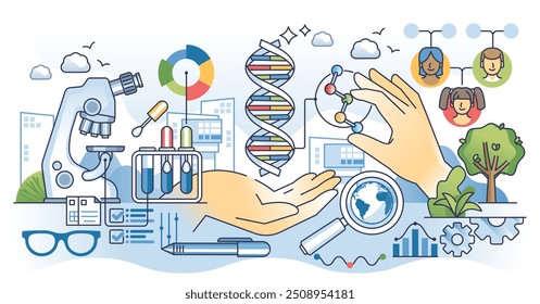 Testes genéticos e mutações genéticas do patrimônio genético delineiam o conceito de mãos. Ancestrais genoma analítico para doença ou cognição de saúde possível variantes ilustração vetorial. Pais e filhos da hélice.