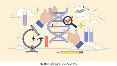 Genetic testing with DNA sequence analytics tiny neubrutalism concept. Biotechnological research for diseases prediction and possible health condition prevention from early stages vector illustration