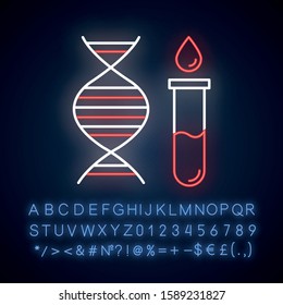 Genetic testing neon light icon. DNA examination. Blood in vial. Medical procedure. Biochemistry. Chromosome, gene helix. Glowing sign with alphabet, numbers and symbols. Vector isolated illustration