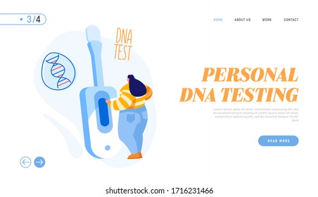 Genetic Testing Technology Landing Page Template. Tiny Female Character Stand at Huge Device for Sampling Express Dna Test to Determine Disease, Infection, Paternity. Cartoon Vector Illustration