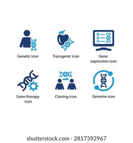 Genetic, Transgenic, Gene expression, Gene therapy, Cloning, Genome, icon