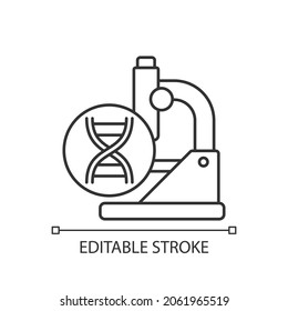 Genetic trials linear icon. Genetic conditions treatment. Reveal mutations in genes. DNA studies. Thin line customizable illustration. Contour symbol. Vector isolated outline drawing. Editable stroke