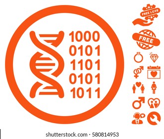 Genetical Code icon with bonus dating pictograms. Vector illustration style is flat iconic orange symbols on white background.