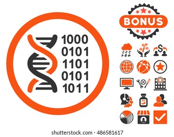 Genetical Code icon with bonus elements. Vector illustration style is flat iconic bicolor symbols, orange and gray colors, white background.
