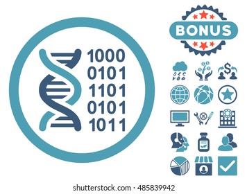 Genetical Code icon with bonus images. Vector illustration style is flat iconic bicolor symbols, cyan and blue colors, white background.