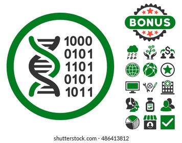 Genetical Code icon with bonus pictogram. Vector illustration style is flat iconic bicolor symbols, green and gray colors, white background.