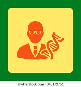 Genetical Engineer vector icon. Style is flat rounded square button, orange and yellow colors, green background.