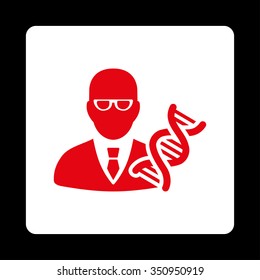 Genetical Engineer vector icon. Style is flat rounded square button, red and white colors, black background.