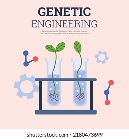 Genetically engineering banner or poster with lab equipment for DNA bio experiments, flat vector illustration. Genetic engineering and laboratory research banner.
