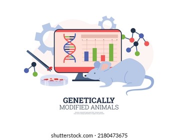 Genetically modified animals breeding and DNA bio experiments, flat vector illustration isolated on white background. Genetic engineering biological research banner.