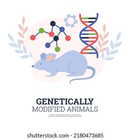 Genetically Modified Animals Poster, Rat And Changed DNA Helix, Flat Vector Illustration On White Background. Genetics Engineering And Biotechnology Concepts. Laboratory Animal Testing.