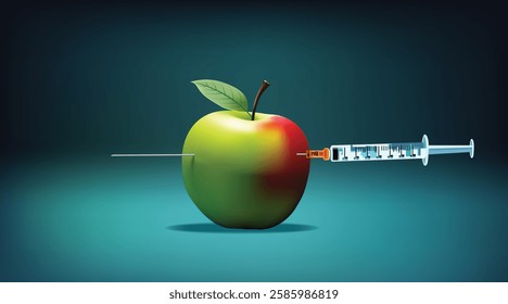 Genetically modified apple organism, Apple fruit and syringe vector illustration style.